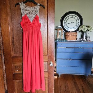 POOF Women’s Large Orange Cream Crochet Maxi Dress – Boho Summer Sundress